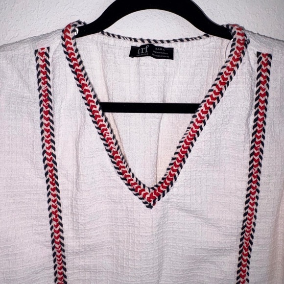 Zara TRF White Textured V-Neck Tunic Dress Braided Trim Red Navy Blue Small - Picture 2 of 10